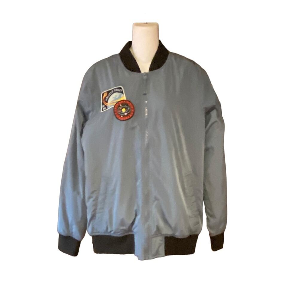 Hollister Blue Gray Medium Bomber Style Jacket/Coat Halley’s Comet & flag patch